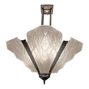 French Art Deco Original 4 Panel Geometric Frosted Art Glass Chandelier by Degue