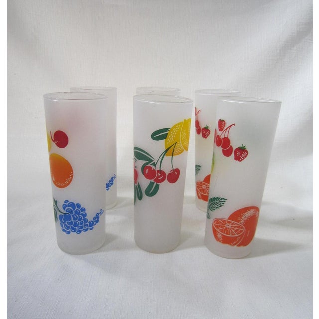 Set of six vintage tropical fruit Highball glasses. Each is decorated with vibrant fruit patterns and all are in...