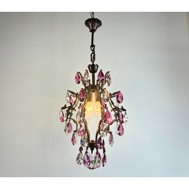 Antique Vintage 1960s Crystal Chandelier – Hand-Restored, Pink Hand-Painted Crystals For Sale - Image 15 of 17