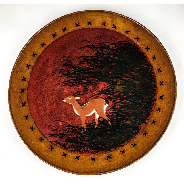 Hand Turned Large Round Vintage Solid Wood Deer Painted Tray For Sale - Image 13 of 13