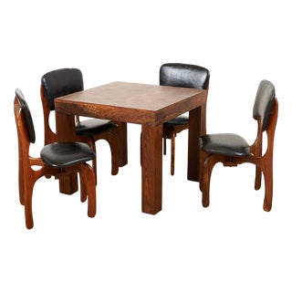 Dining Table and Chair in Rosewood and Black Leather, Set of 5 For Sale