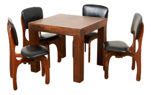 Dining Table and Chair in Rosewood and Black Leather, Set of 5