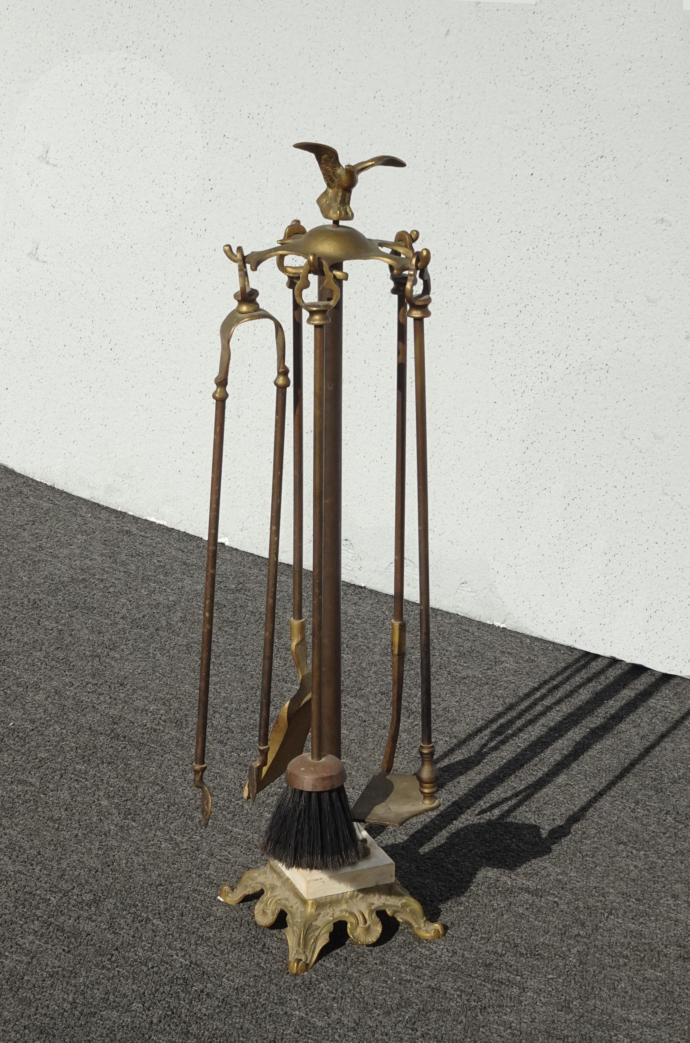 フランスアンティーク ルイ16世スタイル ファイヤーツールセット Vintage Brass Fireplace Tools With Eagle Motif and Marble Base