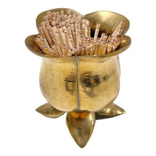 Vintage Solid Brass Flower Match Holder and Toothpick Cup For Sale