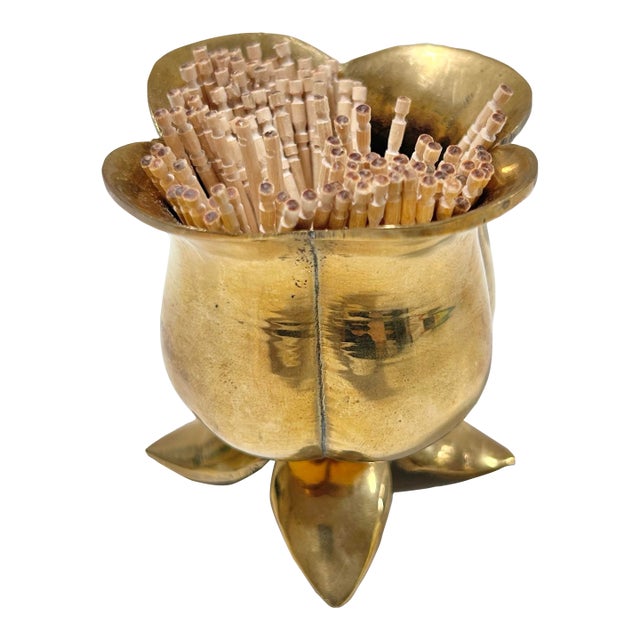 Vintage Solid Brass Flower Match Holder and Toothpick Cup For Sale