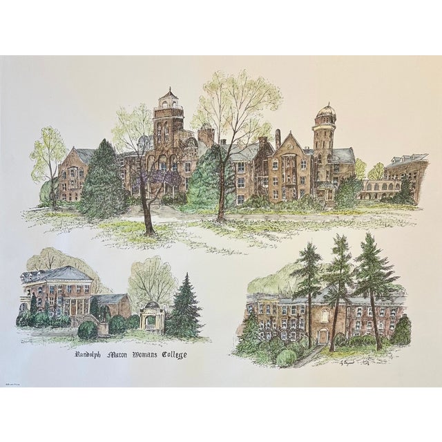 1980s Randolph-Macon College Virginia Campus Print by Liz Bryant – Hand-Colored Architectural Illustration, 24” X 18” For Sale