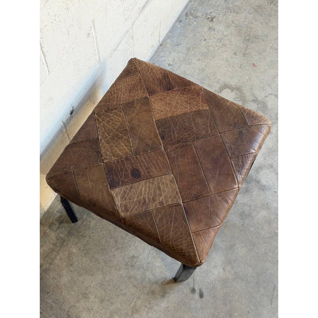 Mid-Century Modern Brown Leather Patchwork Square Ottoman Danish Mid-Century Modern 1970s For Sale - Image 3 of 10