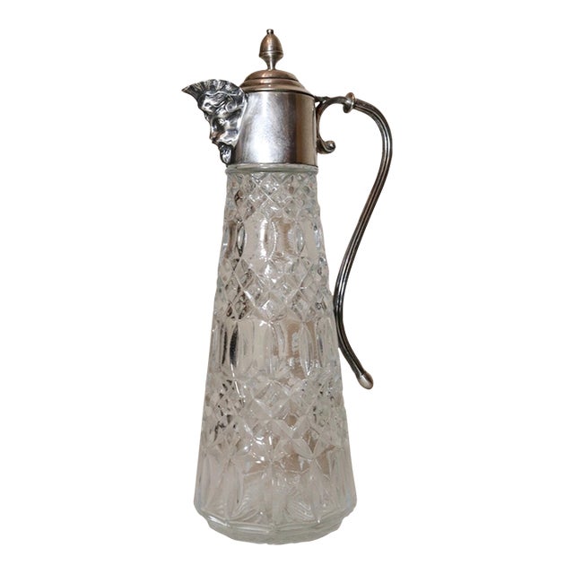 1930s Share Antique Ornate Figural English Silver Plated Pressed Glass Wine Claret Decanter For Sale