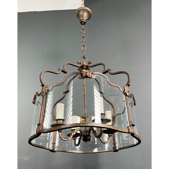 1940s 1940 4-light Lantern in Gilded Wrought Iron With Curved Glasses, French For Sale - Image 5 of 12
