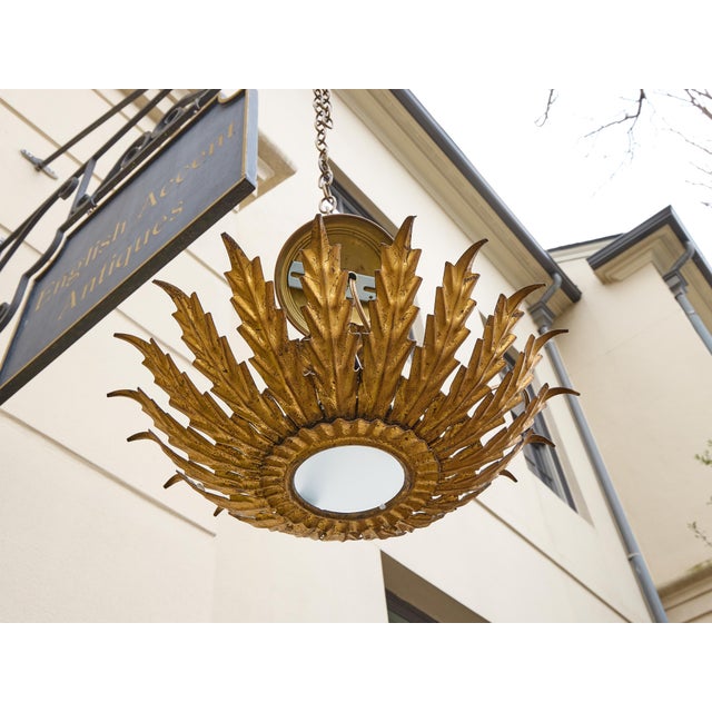 1950s Spanish Gilt Metal Leaf Light Fixture with Frosted Glass For Sale - Image 11 of 11