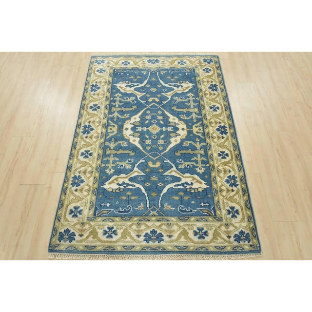 Tribal Oushak Rug 4’2” X 5’10” Blue Wool Tribal Hand-Knotted Oriental Carpet For Sale - Image 3 of 12