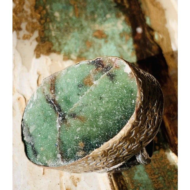 Metal Brutalist/Modernist Bora Oxidized Sterling & Bronze Statement Ring Set With Druzy Moss Agate & an Organic Vine Sterling Band For Sale - Image 7 of 12