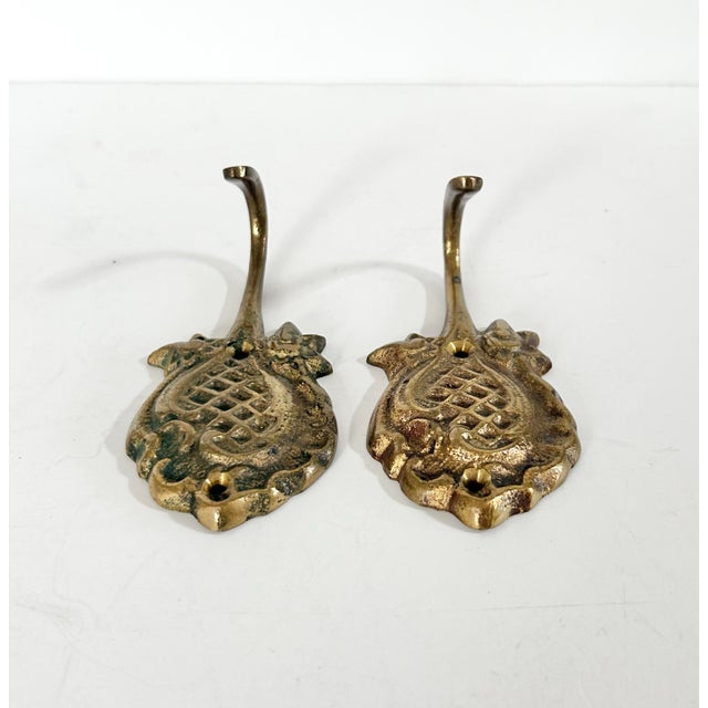 French Country Vintage Brass Wall Hooks – Set of 2 Decorative Brass Coat Hooks For Sale - Image 3 of 6