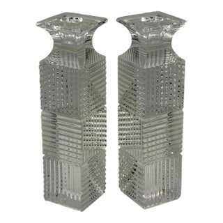 Pair of Vintage Val Saint Lambert Belgian Crystal Candlesticks – Geometric Art Deco Style Clear Cut Crystal Candle Holders For Sale