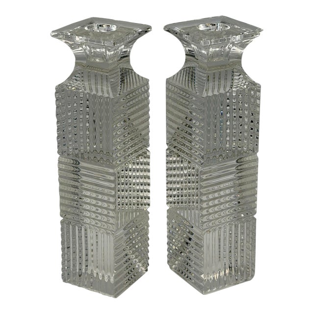 Pair of Vintage Val Saint Lambert Belgian Crystal Candlesticks – Geometric Art Deco Style Clear Cut Crystal Candle Holders For Sale