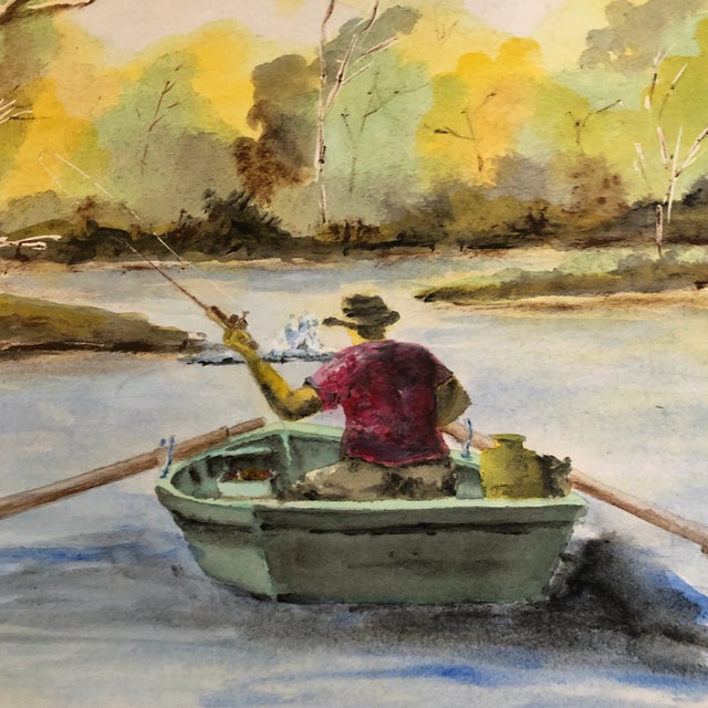 Traditional Original Vintage Watercolor Man in Stream Fishing in Boat 1980’s For Sale - Image 3 of 6