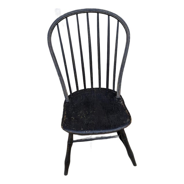 Antique Black Painted Bow-Back Kitchen Windsor Side Chair, Ca. 1800 For Sale