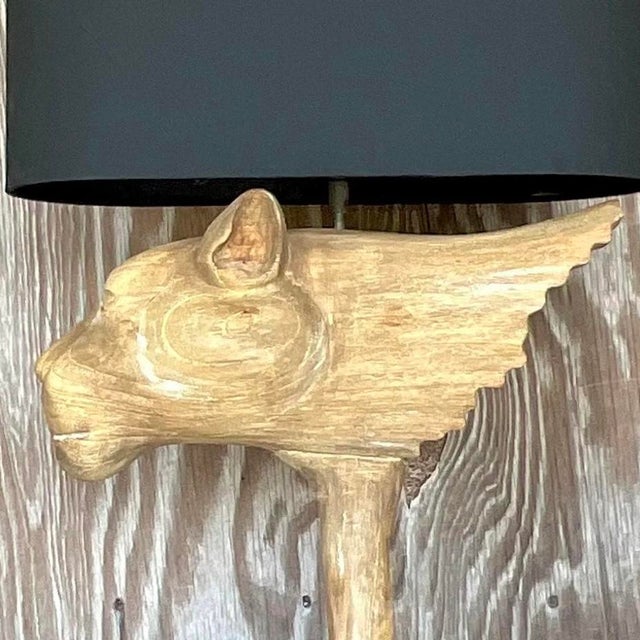 Vintage Boho Cerused Wood Winged Lion’s Head Lamp For Sale - Image 11 of 13