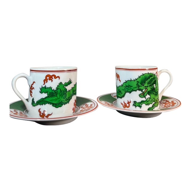 1970s Fitz & Floyd Dragon Crest Green Demitasse Cup & Saucer Sets- 4 Pieces For Sale