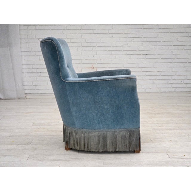 Set of Vintage Danish Chair with Ottoman in Blue Furniture Velour and Oak, 1960s For Sale - Image 10 of 18