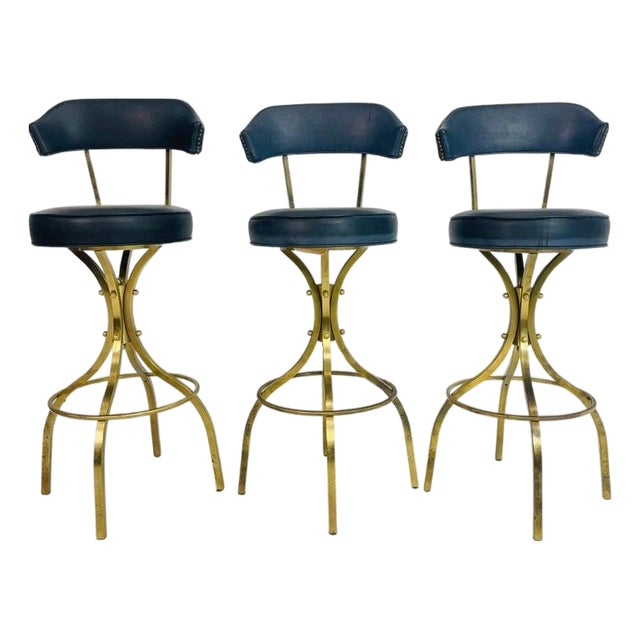 Set of 3 Attributed to Charles Hollis Jones “Sinatra” Solid Brass Swivel Bar Stools, Usa 1960's For Sale