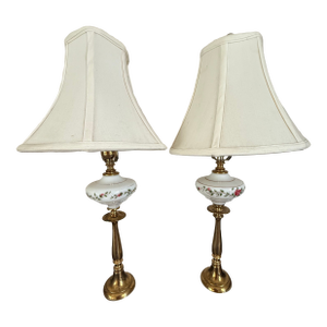 Pair of Vintage Marble Brass & Ceramic Table/Desk Lamps With Creamy White Shades.