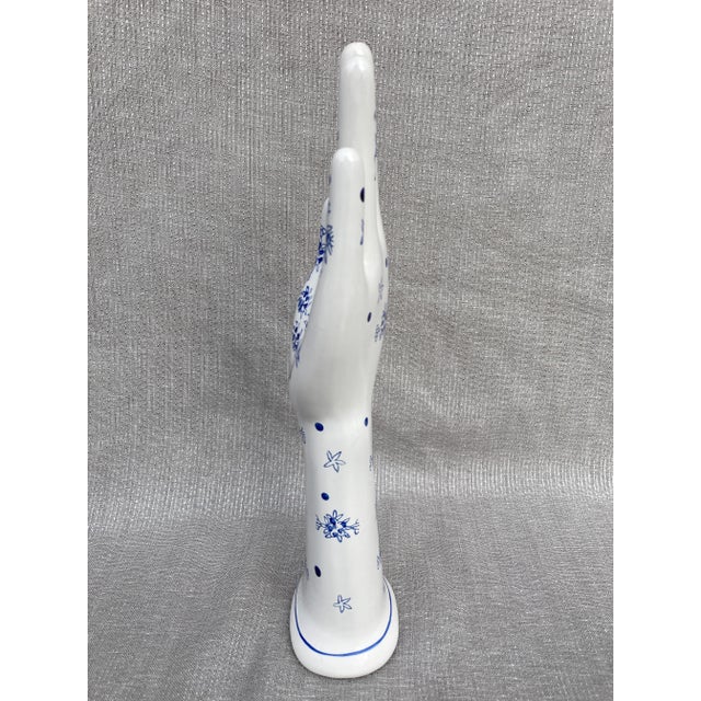 Ceramic 1980s Vintage Hand Painted Blue and White Porcelain Hand Form For Sale - Image 7 of 10