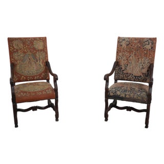 Pair of Antique Louis XVI Fauteuils Needlepoint Open Arm Chairs For Sale