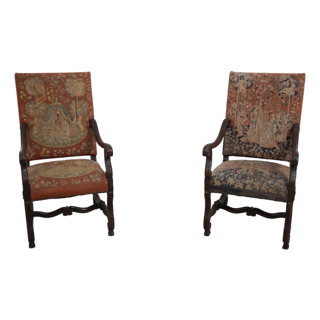 Pair of Antique Louis XVI Fauteuils Needlepoint Open Arm Chairs For Sale