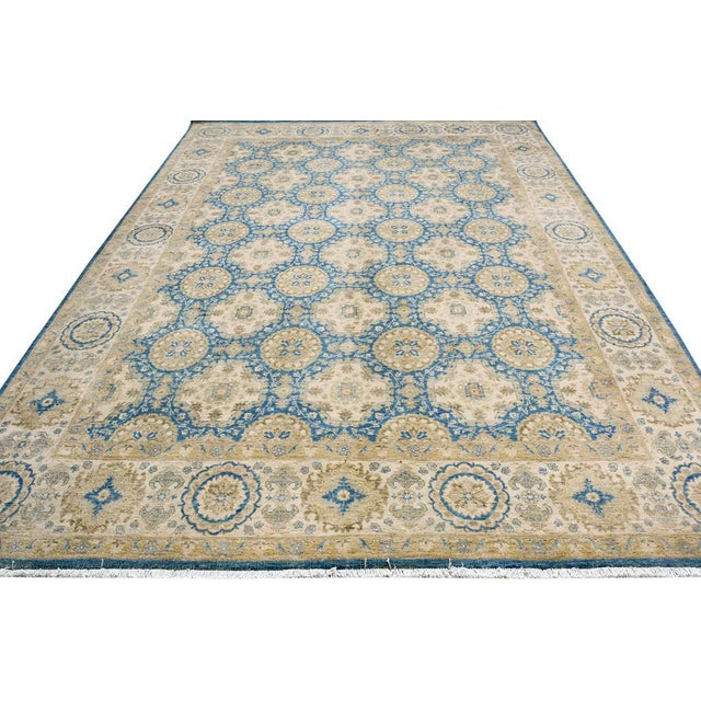 1990s Boho Chic Kafkaz Blue & Beige Wool Rug - 9'0 X 12'5 For Sale In New York - Image 6 of 7