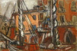 E. Bachmann, Richly-Hued Oil Pastel Drawing - Boats in the Harbor