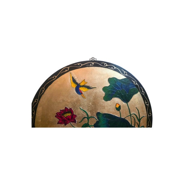 Late 20th Century Large 30” Mid-Century Japanese Gold Leaf Plaque - Hand-Painted Kingfisher & Lotus For Sale - Image 5 of 10