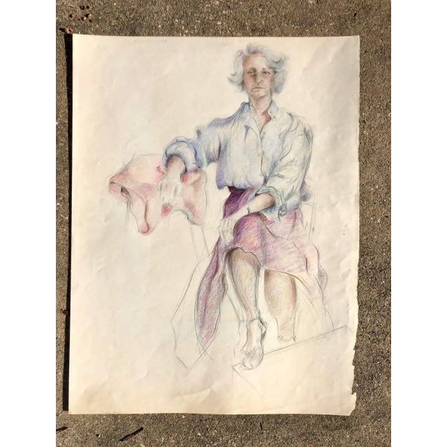 Vintage Pencil Drawing of a Woman in a Purple Skirt For Sale - Image 4 of 4
