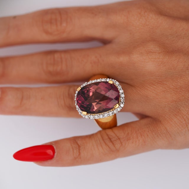18.75 Carat Cushion Cut Pink Tourmaline & Diamond Halo Set 18k Yellow Gold Ring, Size 8 For Sale - Image 9 of 11
