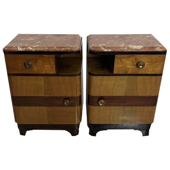 Art Deco Wood and Marble Bedside Tables, 1940s, Set of 2 For Sale