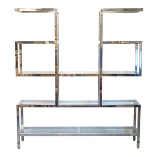 Mid 20th Century Milo Baughman Style Large Chrome & Glass Floating Etagere Shelving Wall Unit For Sale