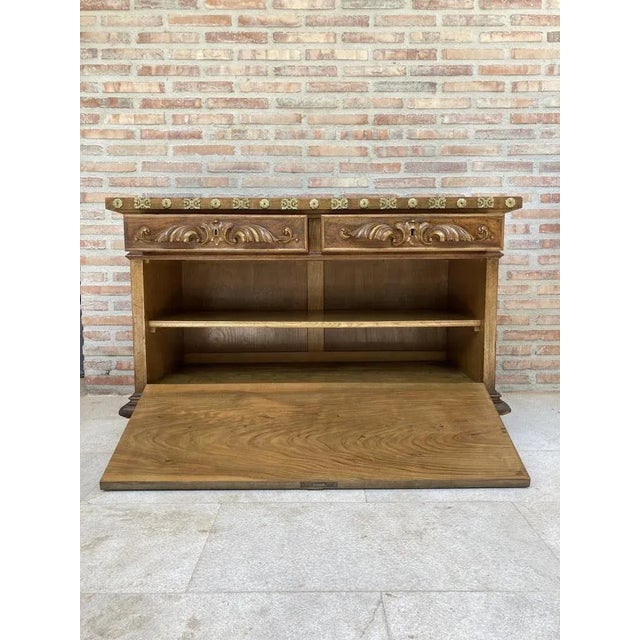 Mid-Century Carved Wooden Sideboard with 2 Drawers in Waist and Lower Door with Gilt Bronze Details For Sale - Image 9 of 18