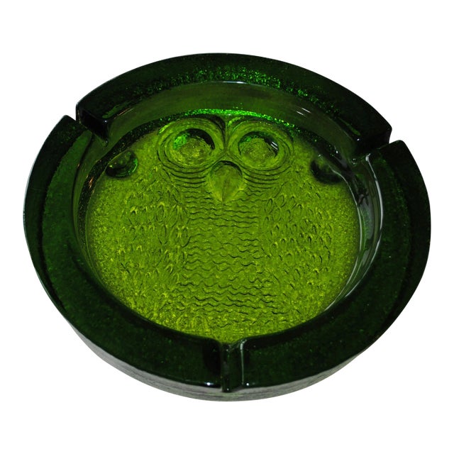 Mid Century Large Green Blenko Glass Owl Ashtray Catchall For Sale