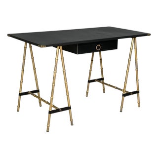 Jacques Adnet Attr., Desk, Black Leather, Brass, France, 1950s For Sale