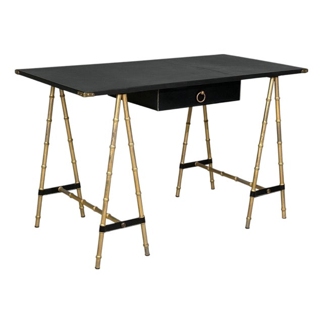 Jacques Adnet Attr., Desk, Black Leather, Brass, France, 1950s For Sale
