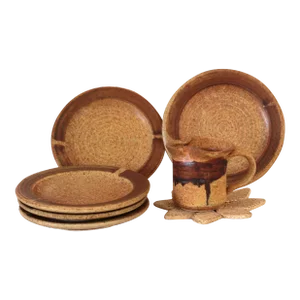 Set of 5 Pottery Plates and a Creamer - Signed Art Pottery, 1970s