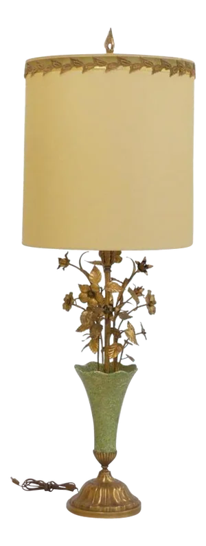 1960s Italian Gilt Tole and Ceramic Floral Bouquet Center Lamp