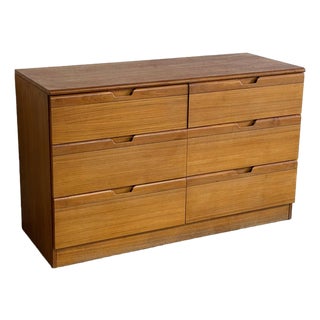 Teak 6-Drawer Double Dresser Lowboy With Sculpted Pulls Danish Mid-Century Modern 1970s For Sale