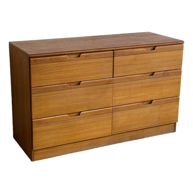 Teak 6-Drawer Double Dresser Lowboy With Sculpted Pulls Danish Mid-Century Modern 1970s For Sale
