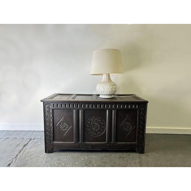 Metal Antique Charles II Carved Oak Chest, 1660s For Sale - Image 7 of 10