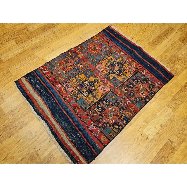 Textile 19th Century Caucasian Soumak Rug, Hand-Knotted Wool,Tapestry Tribal Wall Art, 4' x 5' For Sale - Image 7 of 18