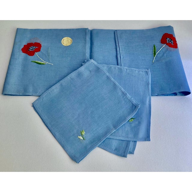 Traditional Vintage Ricamo a Mono Embroidered Blue Linen Table Covering & Napkin Set- 7 Pieces For Sale - Image 3 of 15
