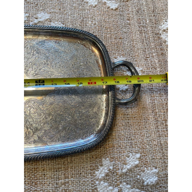 1950s Vintage Silver Plate Butler’s Tray Ornate Floral Engraving by Haddon For Sale - Image 5 of 10