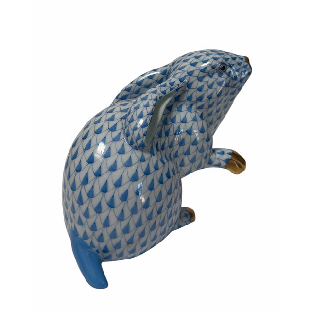 Ceramic Big Herend Hungarian Porcelain Blue Fishnet Bunny Rabbit Figure - Paw Up For Sale - Image 7 of 7