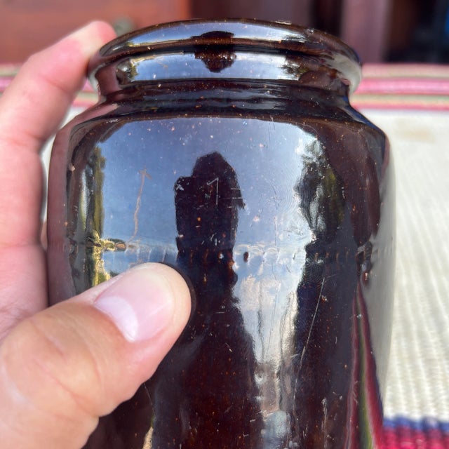 A Fine Antique Pennsylvania Folk Art Redware Preserve Jar With an Albany Glaze, 1870's For Sale - Image 9 of 12